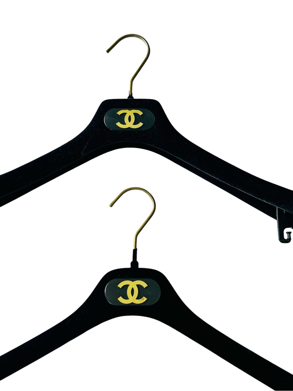2 Chanel Black Velvet Logo Clothes Hangers Gold Hook Boutique Display Set CC